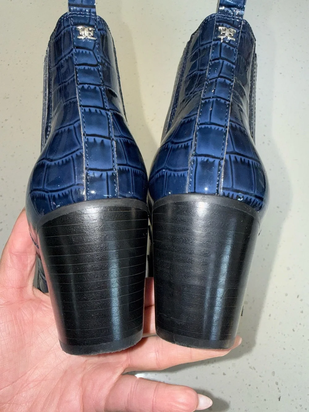 Sam Edelman Navy Croc-Embossed Patent Ankle Booties